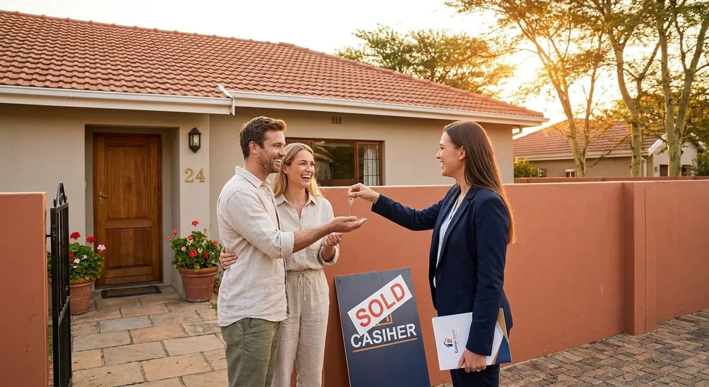 A South African estate agent handing the front door key to a happy new homeowner on the stoep of a neat suburban home, warm golden evening light, celebratory moment
