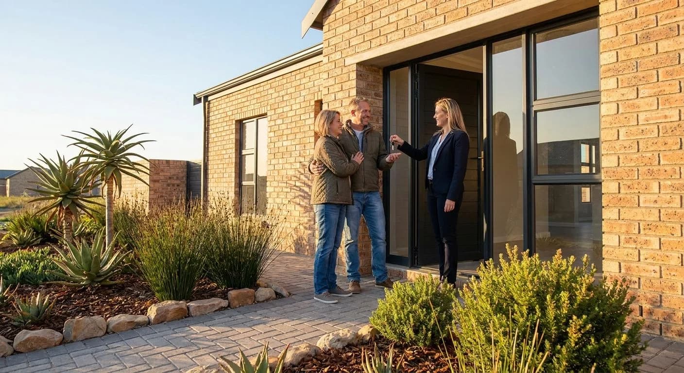 A South African couple entering an empty home on occupation day, estate agent handing over keys at the front door, neat facebrick suburban exterior, golden afternoon light