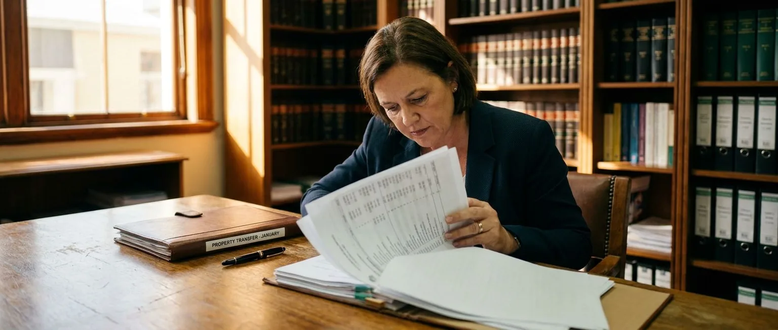 Conveyancer reviewing property transfer and commission documents in a South African law office