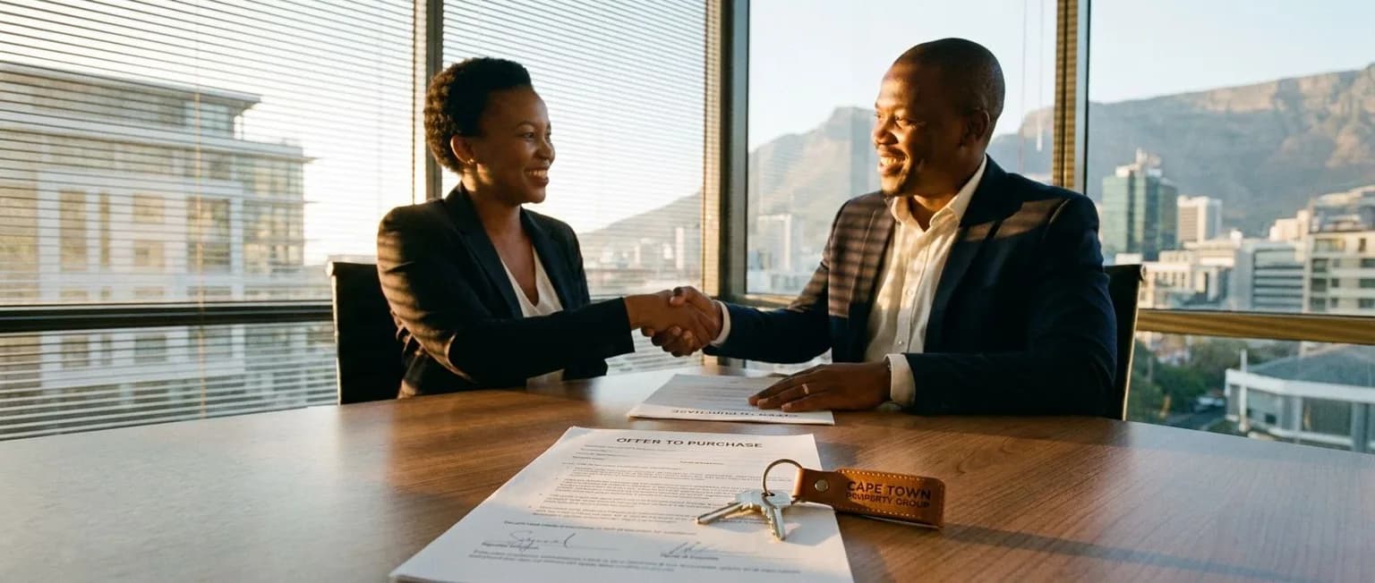 South African property professionals finalising a sale agreement with a handshake at golden hour