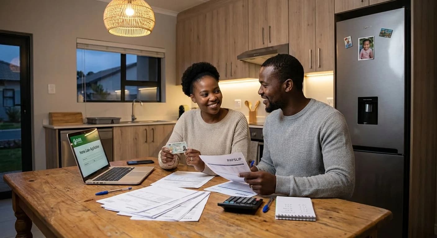 A South African couple organising payslips, bank statements and identity documents at a kitchen table in preparation for a bond application, warm domestic interior light