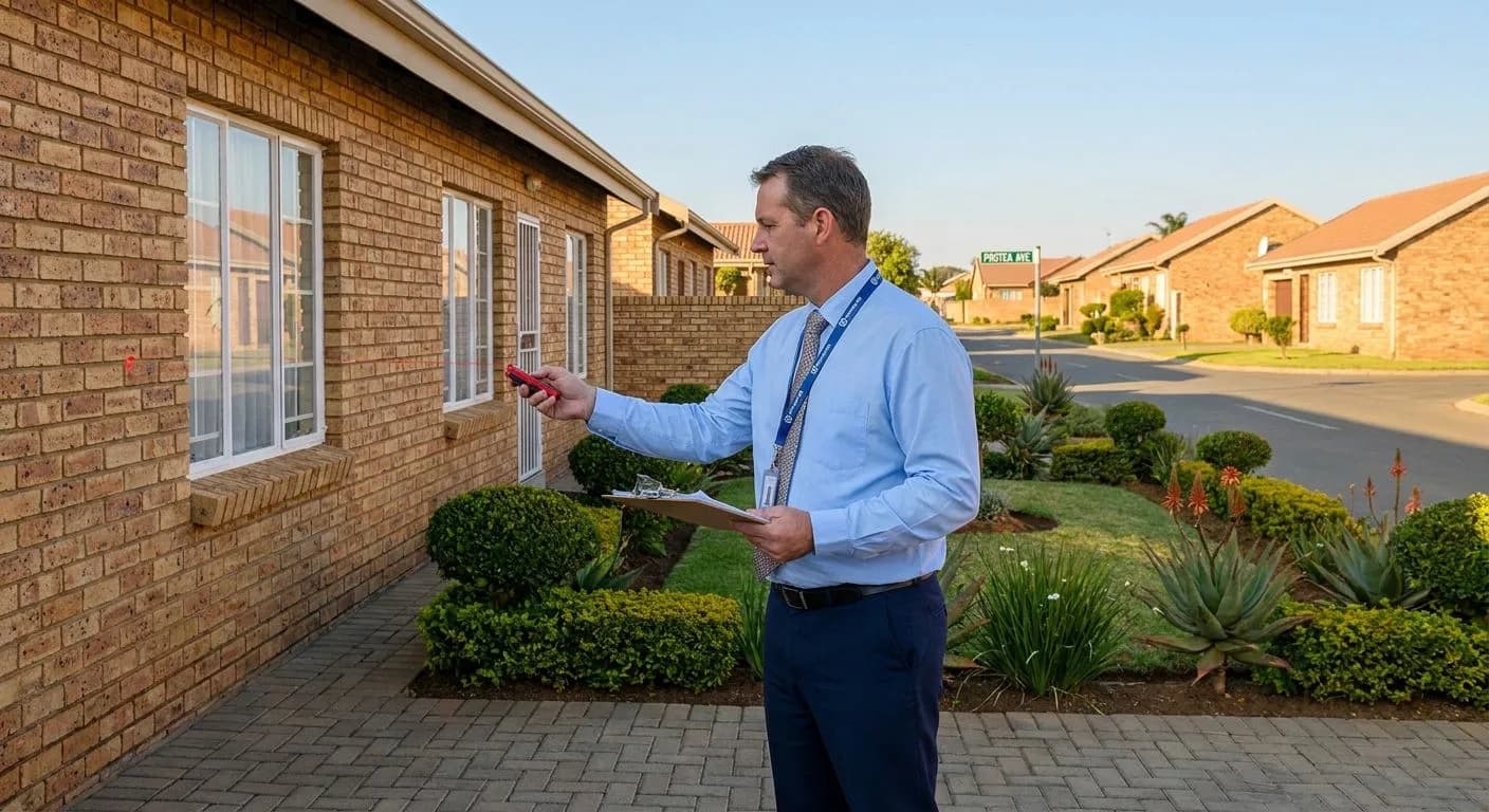 A South African bank property valuator in professional attire inspecting the exterior of a neat facebrick suburban home with a clipboard, golden morning light