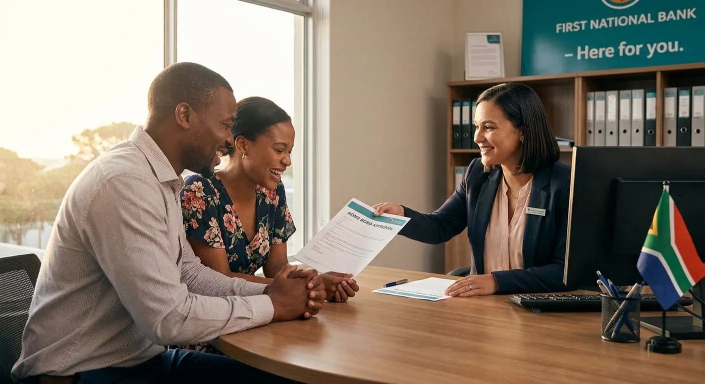 A South African bank consultant handing a bond approval letter to a delighted couple across a professional office desk, warm office lighting, relieved and happy expressions