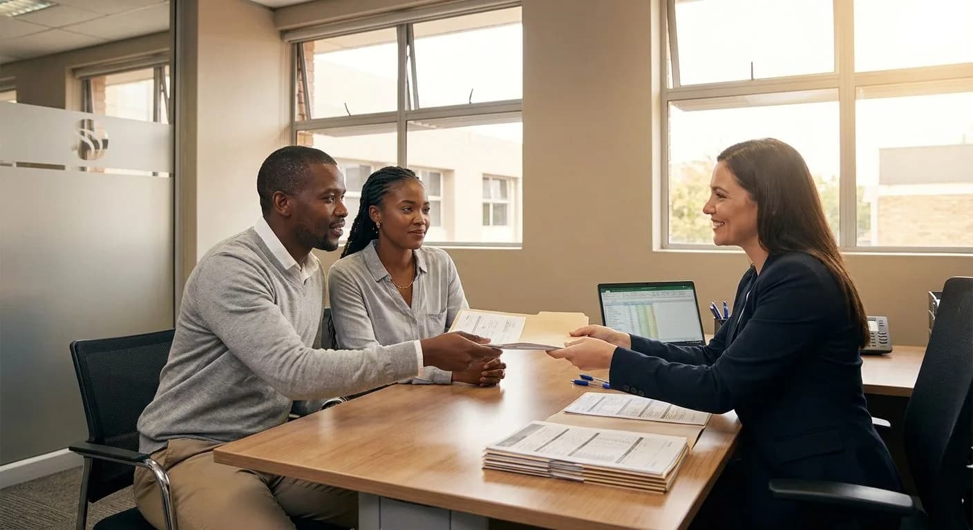 A South African couple submitting bond application documents to a bank consultant at a professional bank office desk, warm afternoon light