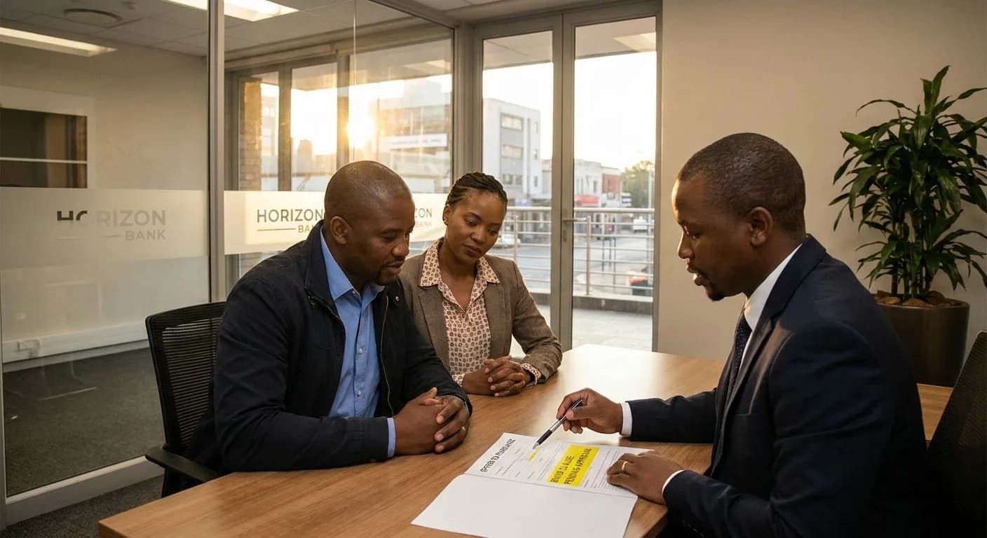 A South African couple meeting with a bond official at a bank while their offer to purchase document sits on the desk, bond clause pending approval, professional bank office interior, warm afternoon light