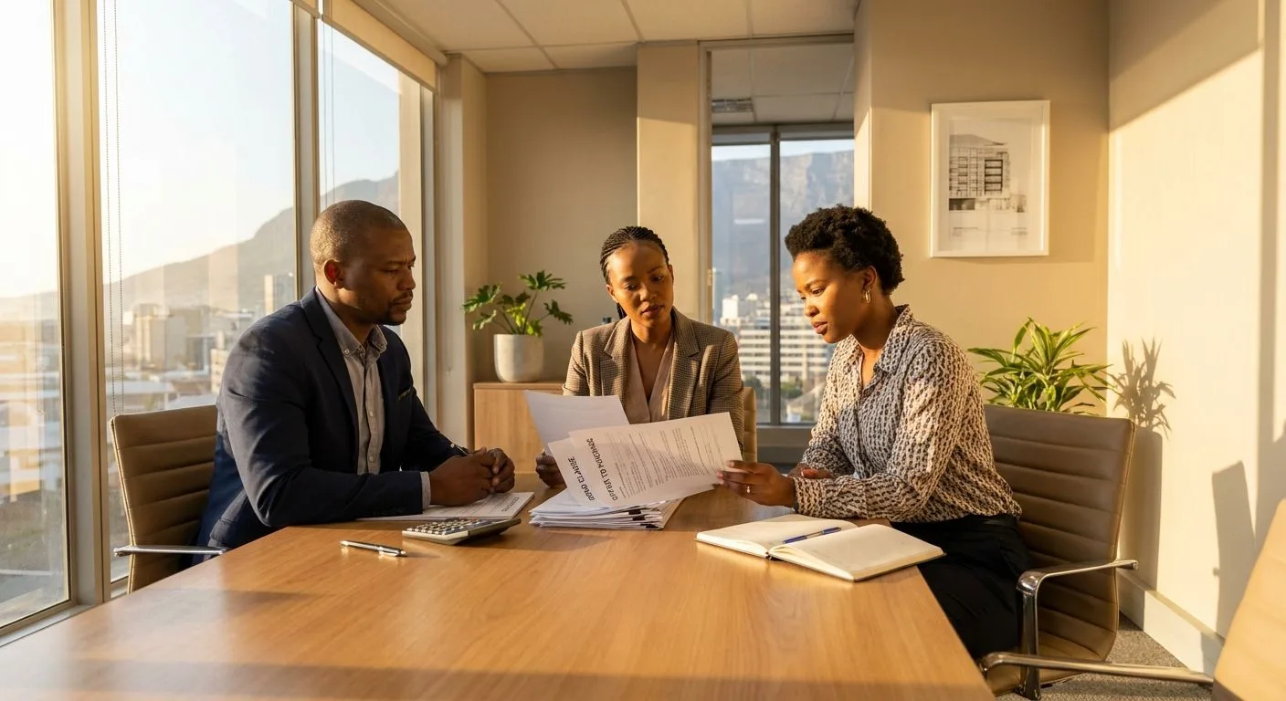 A South African seller and buyer reviewing bond clause terms with their estate agent at a professional meeting table, property documents spread out, warm afternoon light