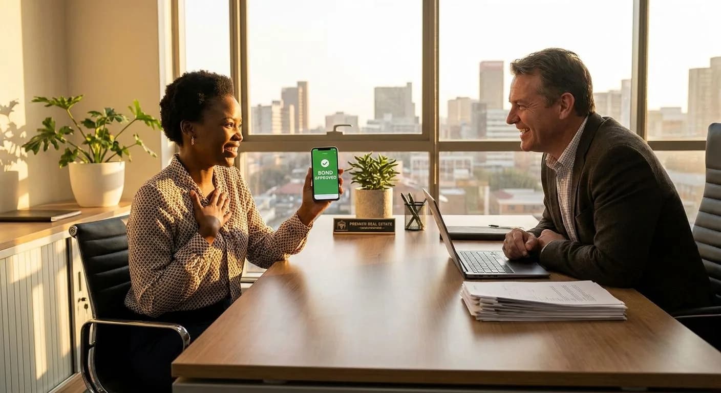 A South African buyer receiving a bond approval notification on their phone while seated with their estate agent at a professional desk, smiling with relief, warm afternoon light