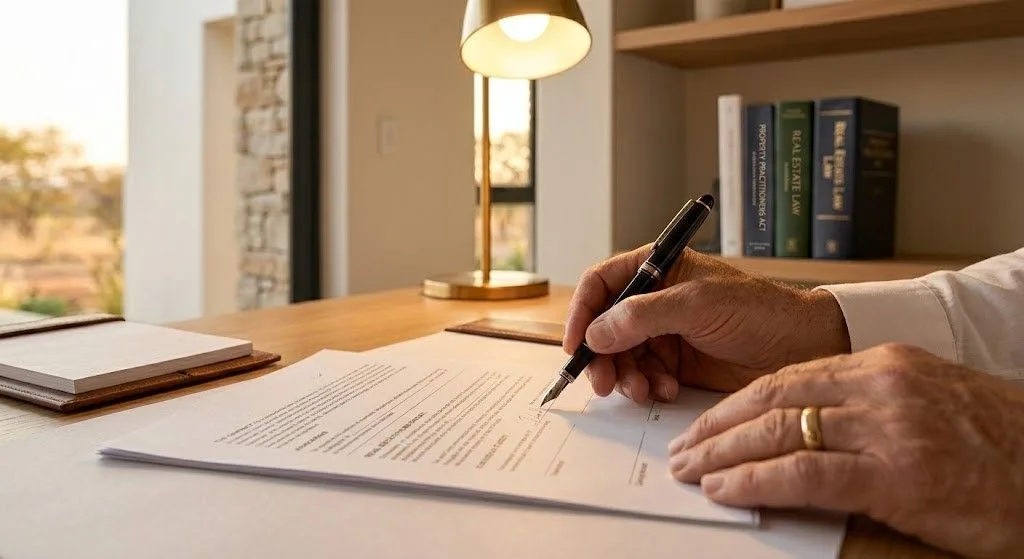 A close-up editorial shot of a seasoned realtor signing a property contract, highlighting the technical precision required when documenting fixtures and fittings in South African real estate.