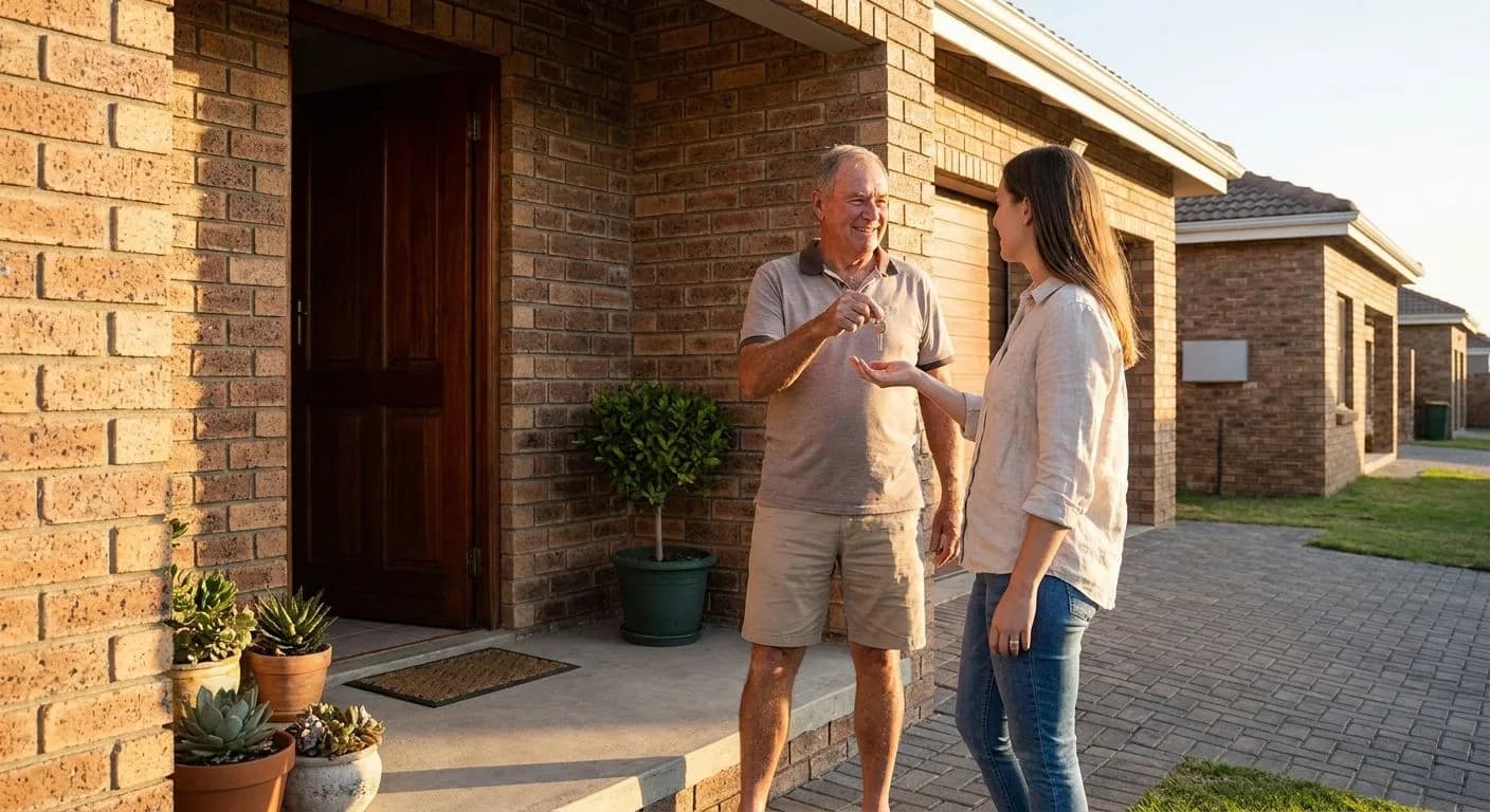 A South African homeowner handing a house key to a buyer on the front stoep before transfer is complete, neat facebrick suburban exterior, golden afternoon light