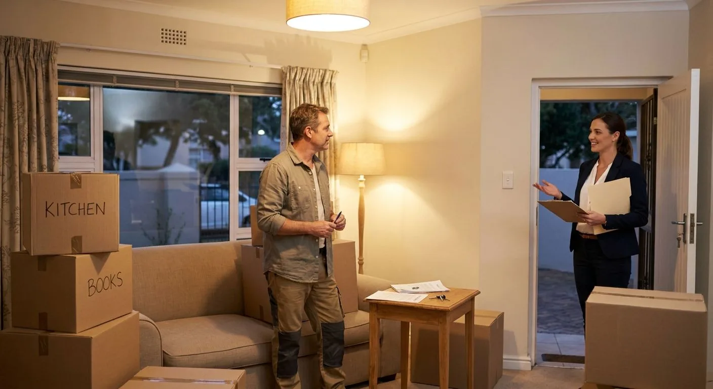 A South African seller surrounded by packed moving boxes post-transfer, estate agent at the door to discuss remaining occupational rent arrangements, warm domestic interior light