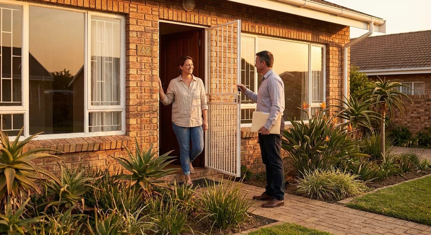 A South African buyer moving into a neat suburban home before transfer, estate agent at the front door, warm afternoon light, facebrick exterior