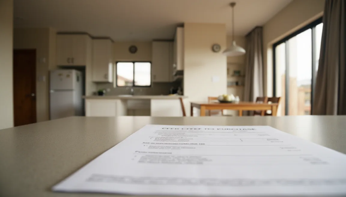 Interior of a modern South African home with an Offer to Purchase document resting in the foreground, slightly out of focus