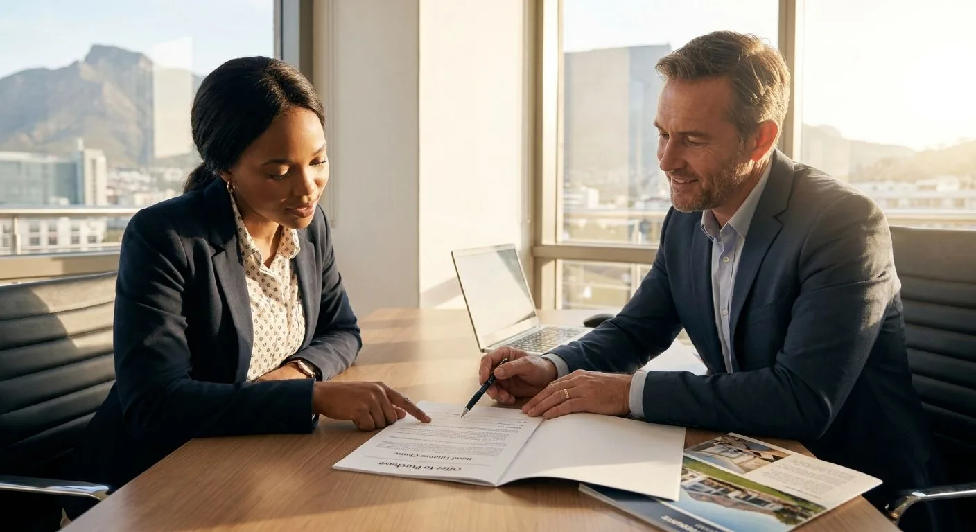 A South African first-time property buyer asking their estate agent to explain a bond finance clause in an offer to purchase, seated at a professional office desk, warm afternoon light