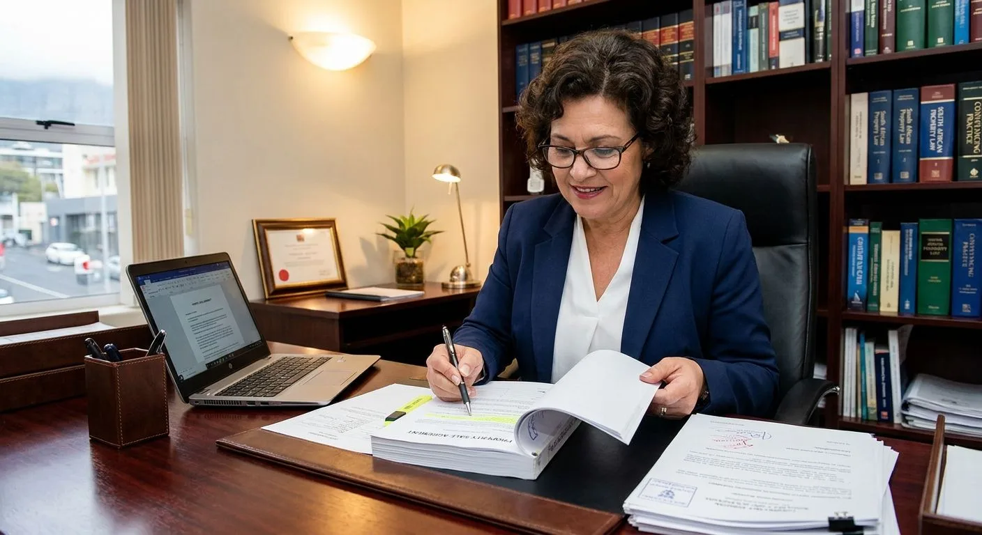A South African conveyancer reviewing the finance clause in a property contract at a polished desk, legal reference books visible on shelves behind her, warm professional office lighting