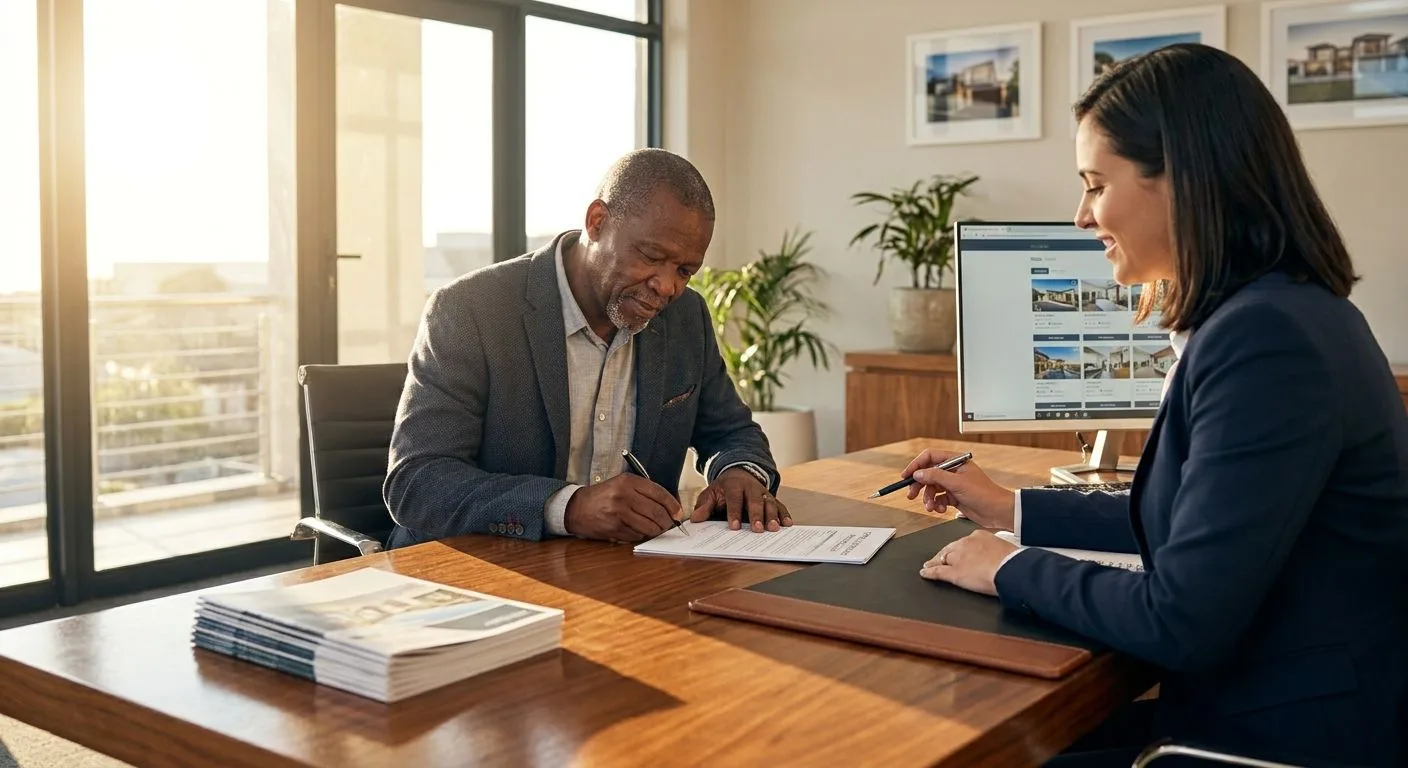 A South African buyer signing an offer to purchase with a bond finance condition, estate agent seated across the desk, professional office interior, warm golden afternoon light