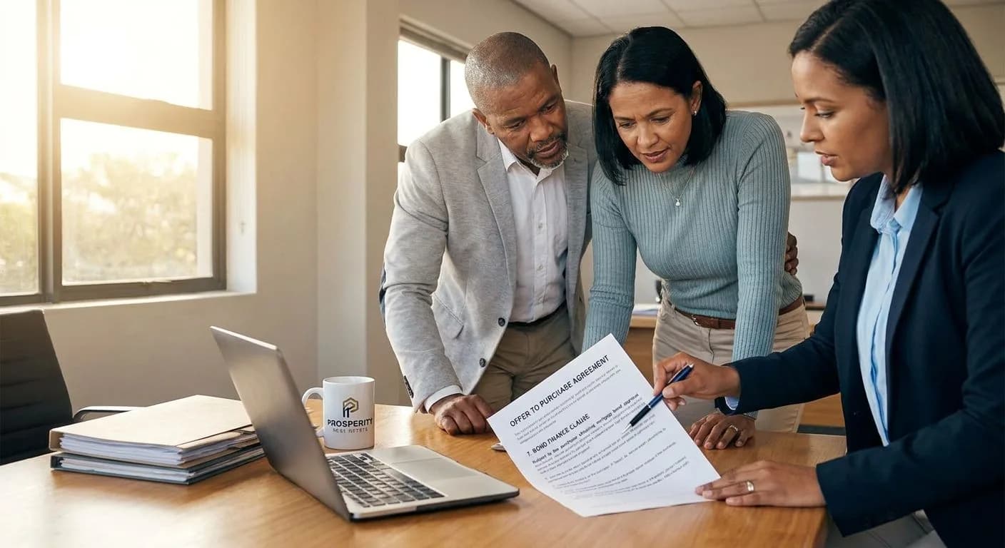 A South African couple reviewing an offer to purchase document with their estate agent at a professional office desk, bond finance clause visible on the document, warm afternoon light