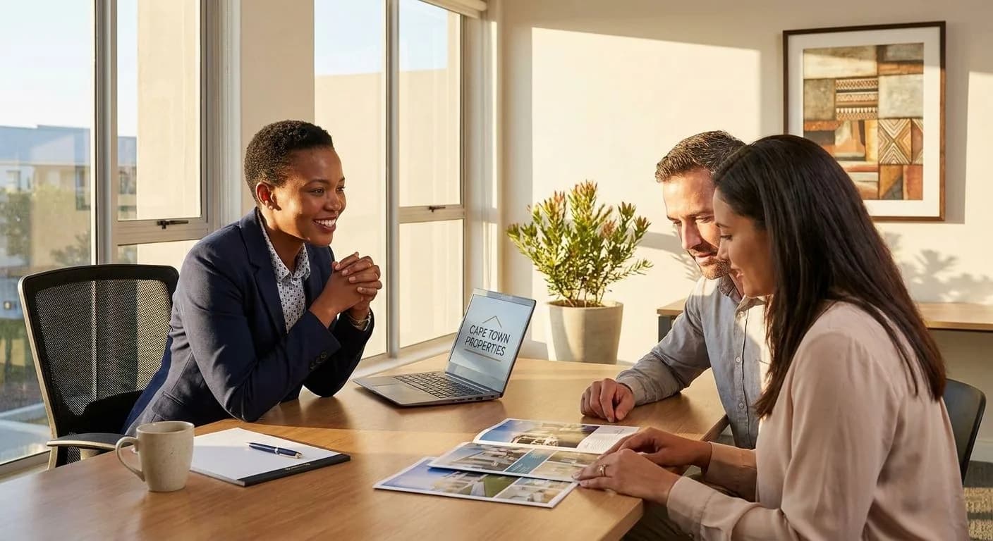 A South African estate agent meeting with a couple to discuss a property mandate at a professional office desk, property brochures and laptop visible, warm afternoon light