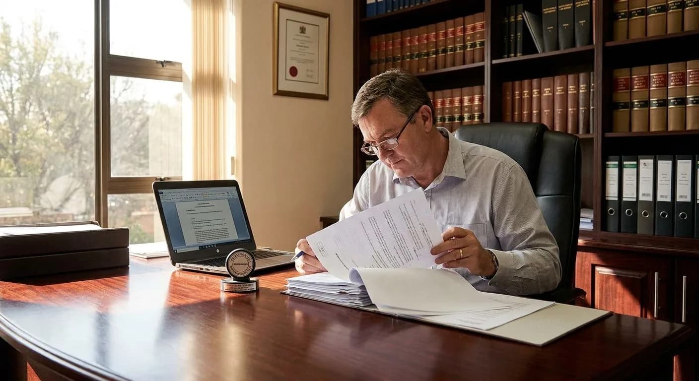 A South African conveyancer reviewing property transfer documents at a polished professional desk, law books on shelves, warm natural light through large windows