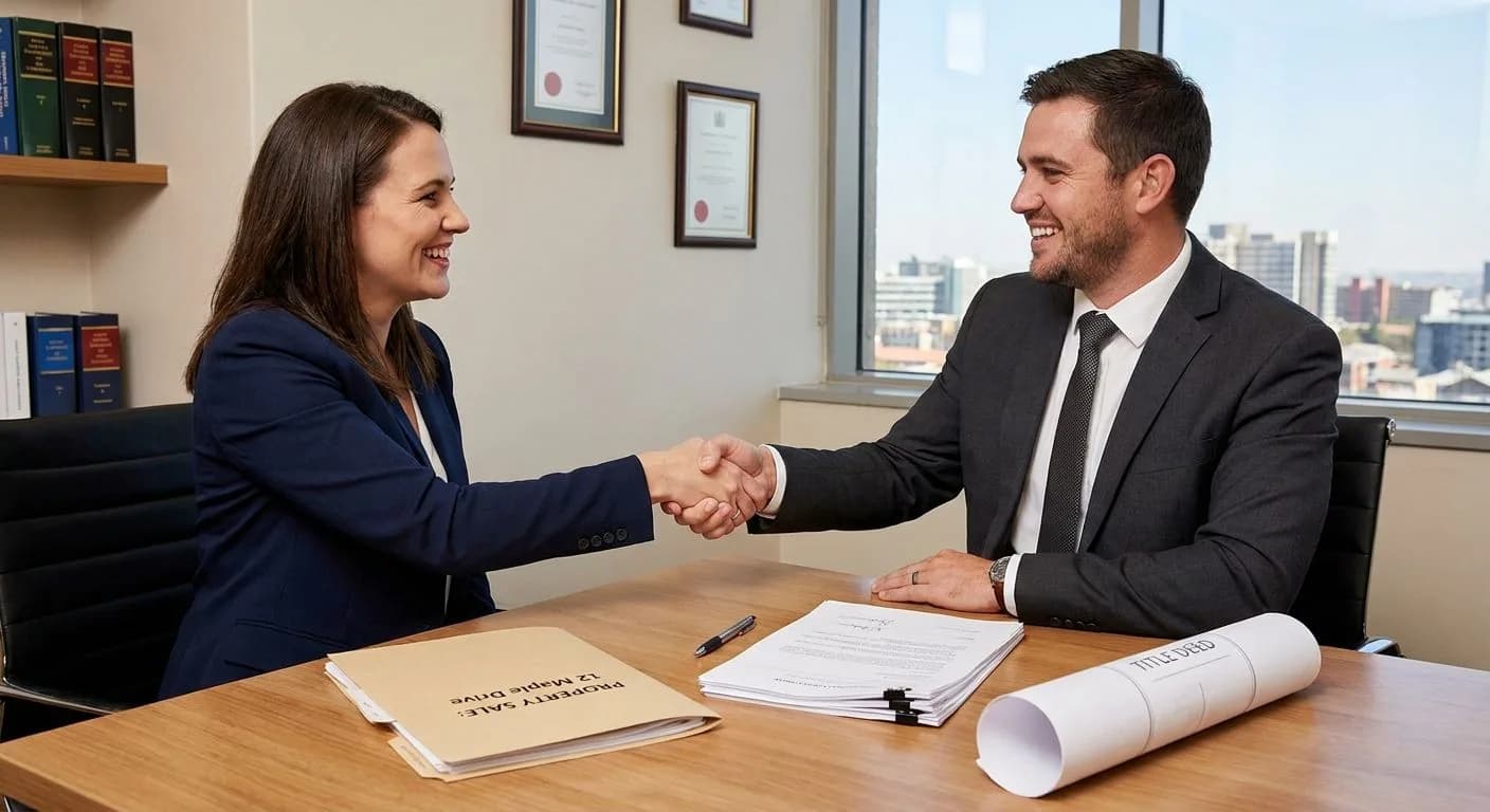 A South African estate agent and conveyancing attorney shaking hands at a professional office desk, property file and transfer documents between them, warm office lighting