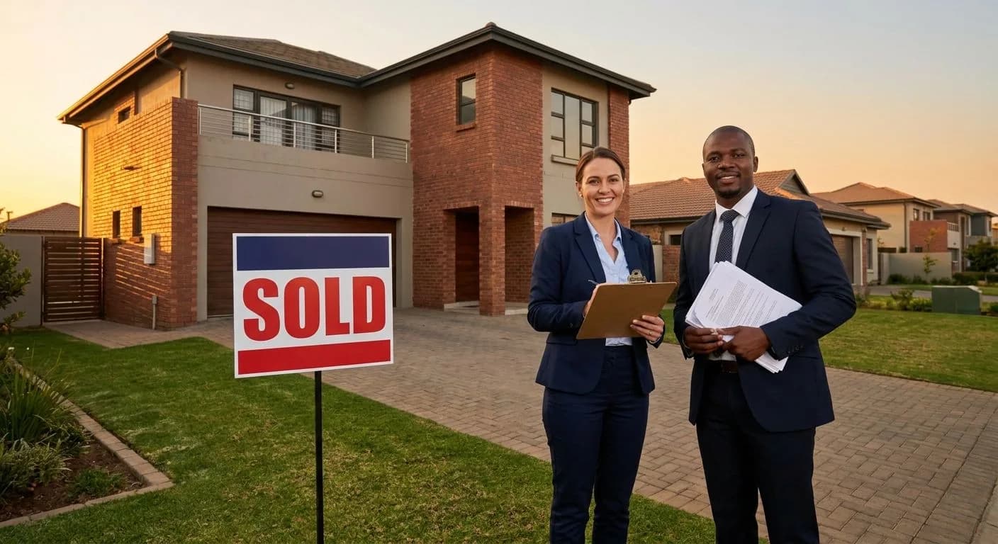 A South African estate agent and conveyancing attorney standing together outside a property with a SOLD sign at golden hour, neat suburban exterior, professional and confident