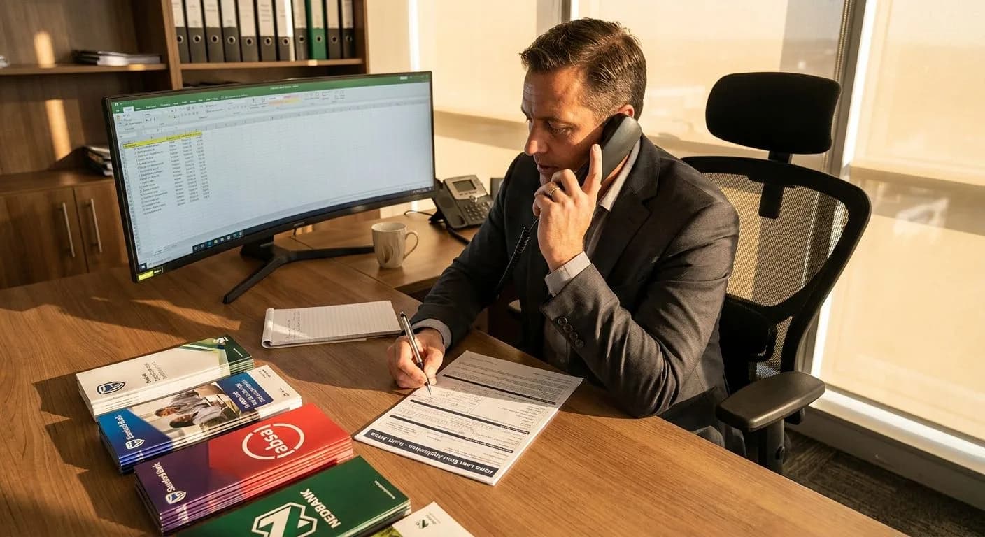A South African bond originator on the phone while completing a bond application form on behalf of a buyer, professional office with bank brochures on the desk, warm afternoon light