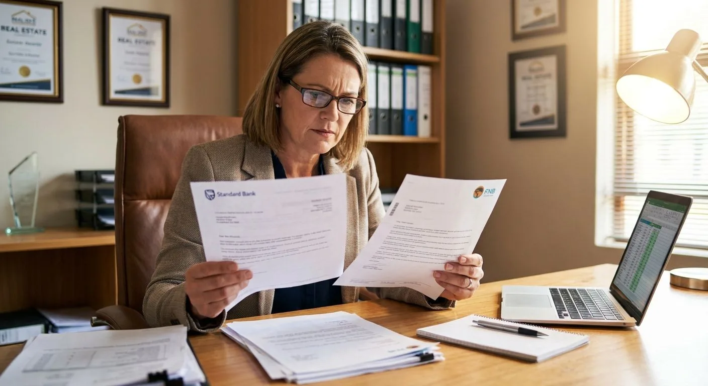 A South African property buyer comparing multiple bond approval documents from different banks at a professional desk, focused expression, warm office light