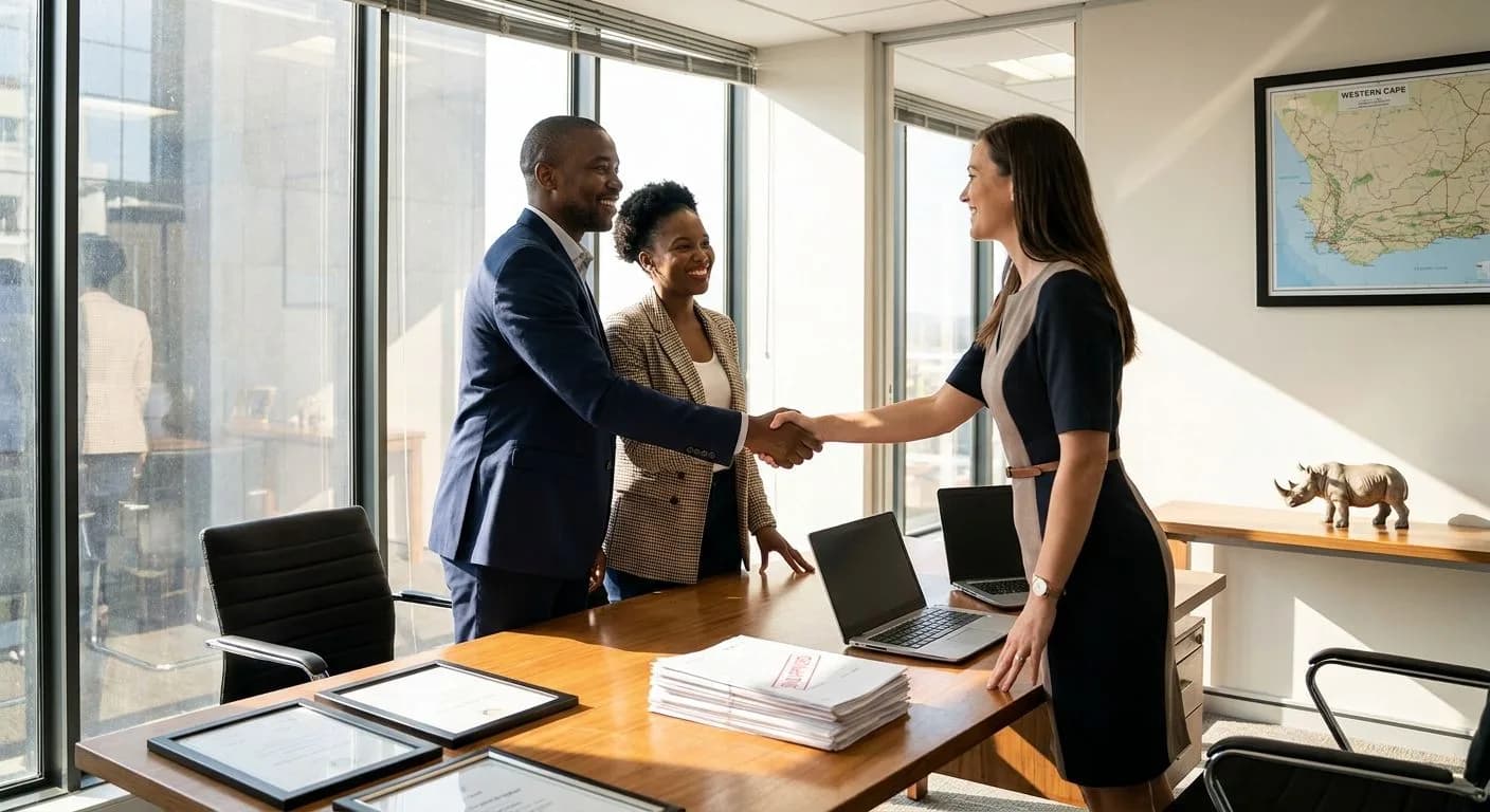 A South African couple shaking hands with their bond originator at a professional office desk after securing the best bond approval, warm afternoon light, satisfied expressions