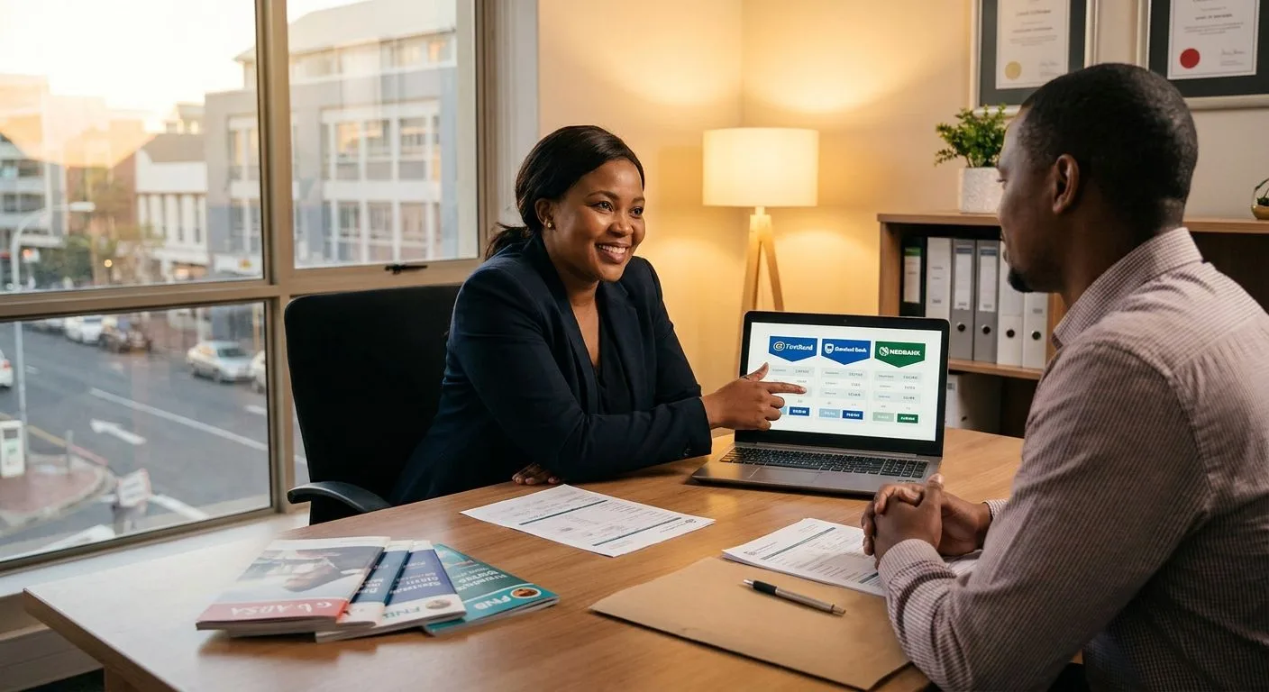 A South African bond originator presenting multiple bank bond options on a laptop to a property buyer at a professional desk, warm office light