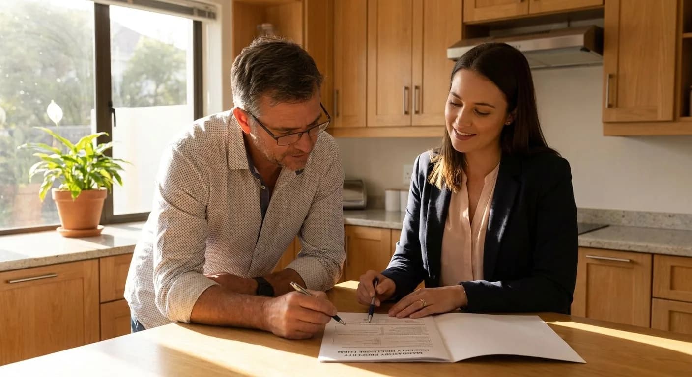 A South African homeowner completing a property disclosure form at a kitchen table, estate agent seated across guiding them through the document, warm domestic interior light