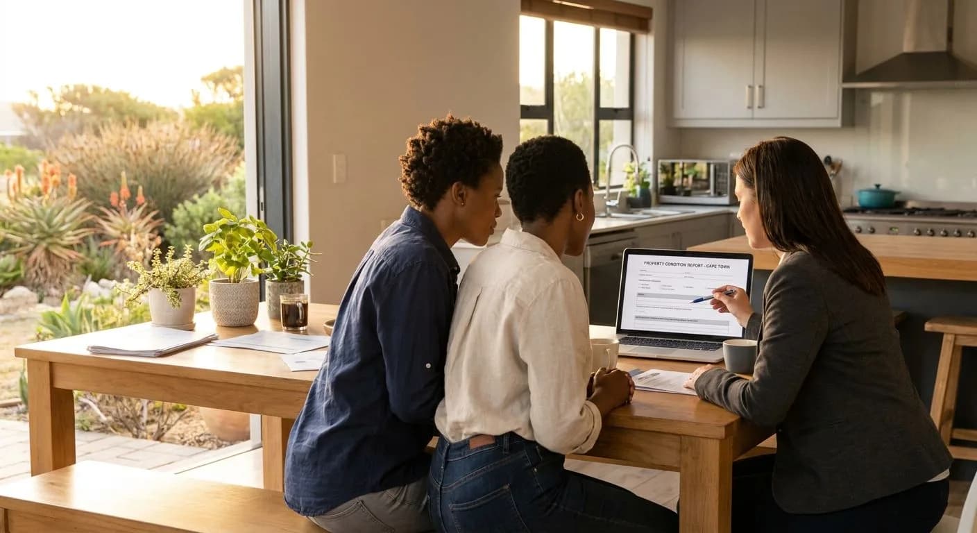 A South African couple and their estate agent reviewing a property condition report on a laptop at a kitchen table, indigenous garden visible through the window, golden afternoon light