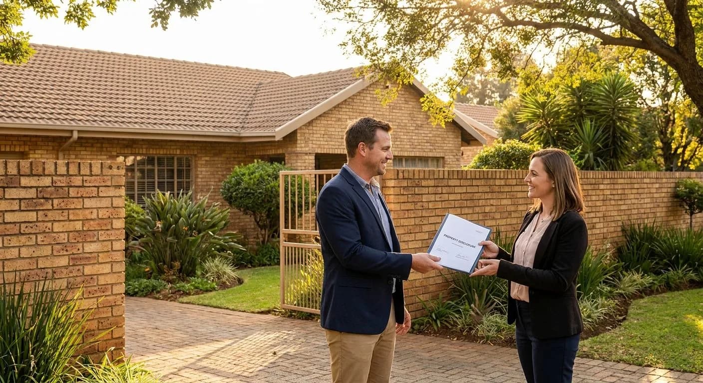 A South African homeowner handing a signed property disclosure document to an estate agent outside their neat facebrick suburban home, late afternoon golden hour light