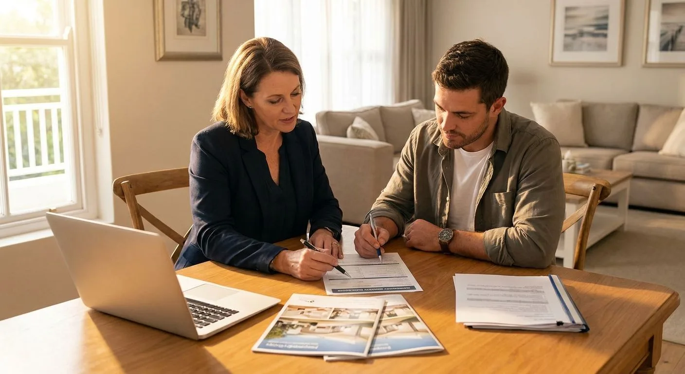 A South African estate agent and homeowner reviewing a mandatory property disclosure form at a dining table, neat suburban interior, warm afternoon light