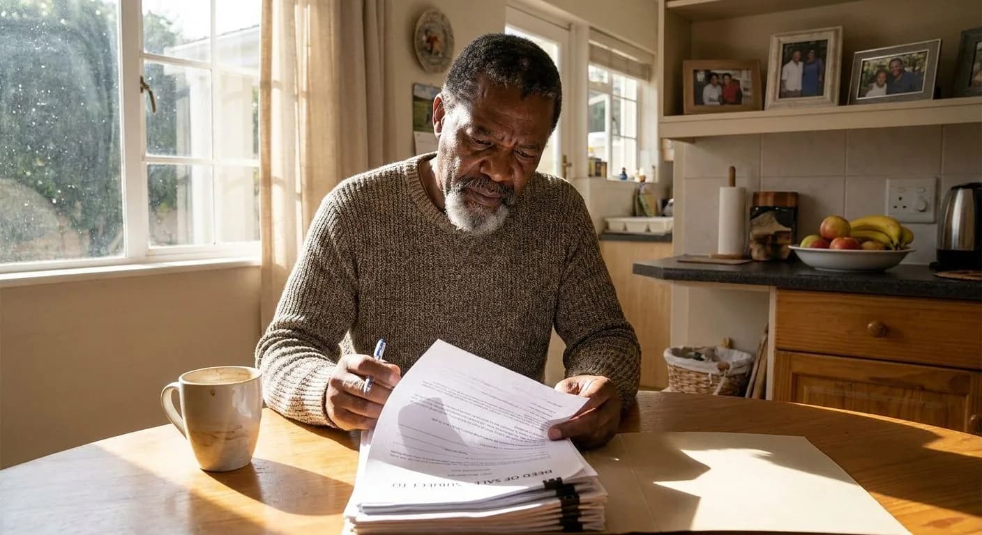A South African homeowner carefully reading a subject-to-sale property contract at a kitchen table, warm domestic interior with afternoon light through large windows, focused expression