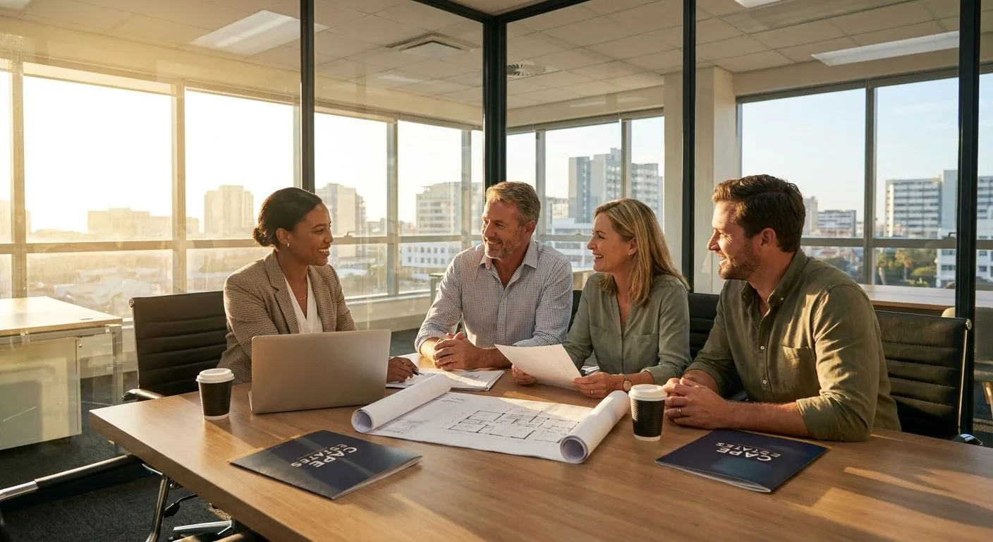 A South African estate agent consulting with both a seller and a buyer around a professional meeting table, property documents between them, warm afternoon light