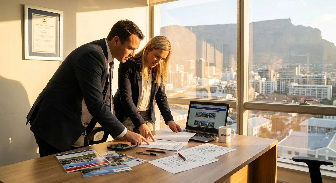 A South African estate agent and buyer reviewing an offer to purchase document with a subject-to-sale clause at a professional office desk, warm afternoon light
