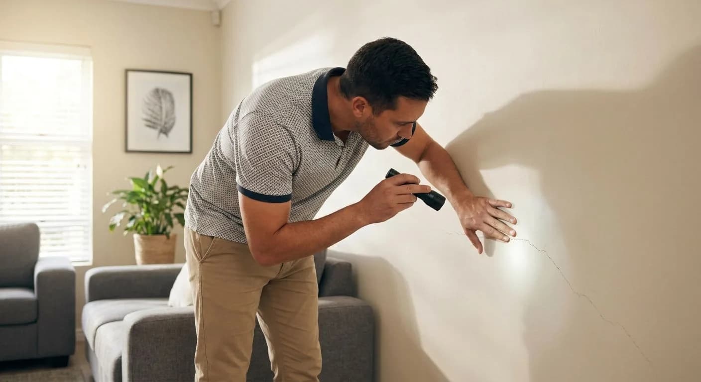 A South African buyer carefully examining a wall for cracks and damp staining during a property viewing, neat suburban interior, warm afternoon light