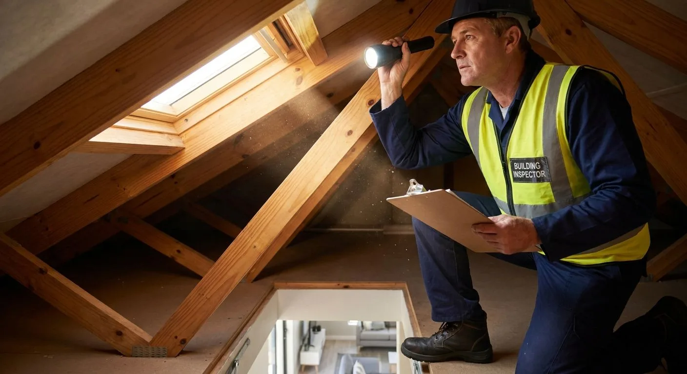 A South African professional building inspector checking a residential roof structure with a torch, clipboard under his arm, professional work attire, warm morning light