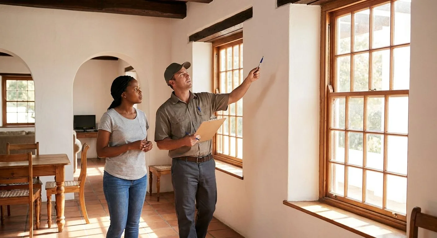 A South African property buyer walking through a home with a professional building inspector holding a clipboard checklist, neat Cape Dutch-style suburban home interior, warm afternoon light