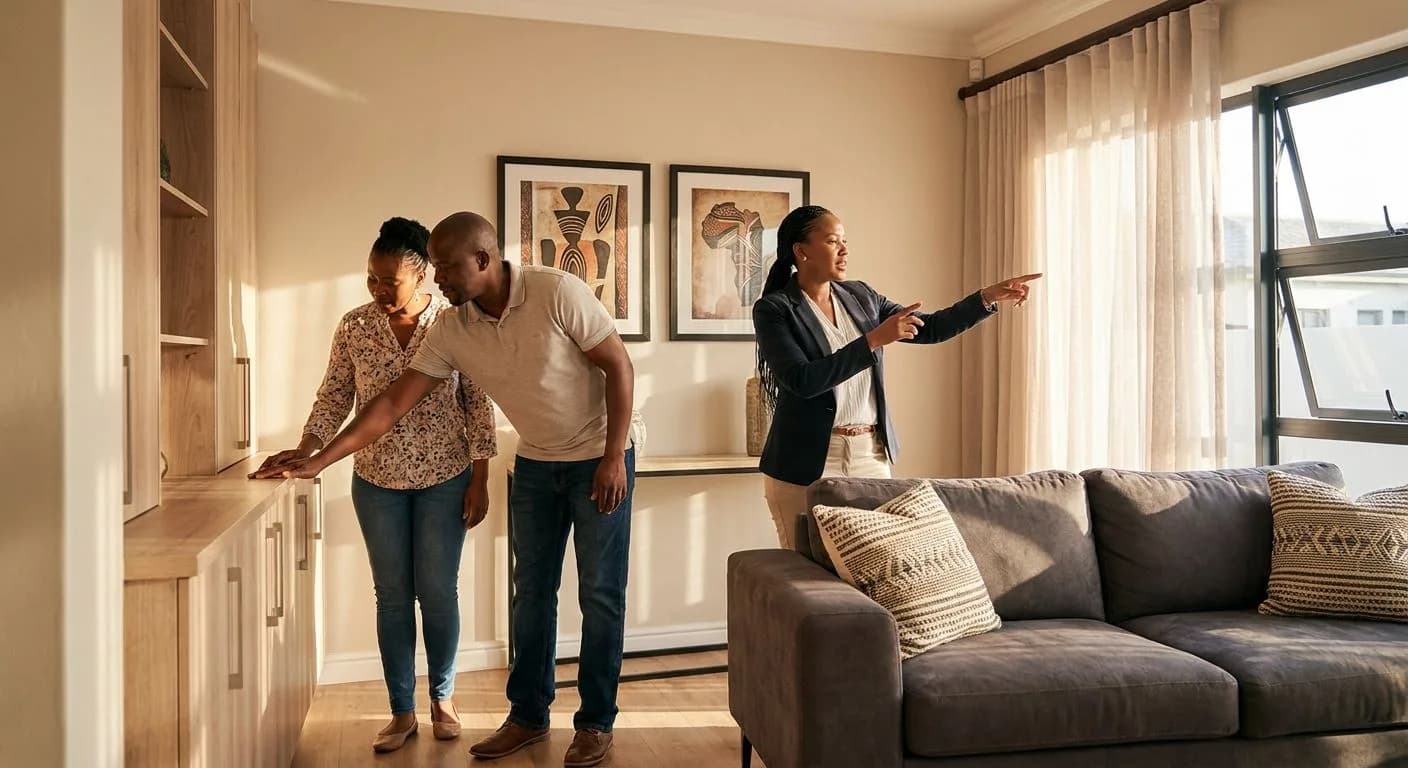 A South African couple inspecting a property with an estate agent, checking walls and fittings during a walkthrough, neat suburban home interior, warm afternoon light