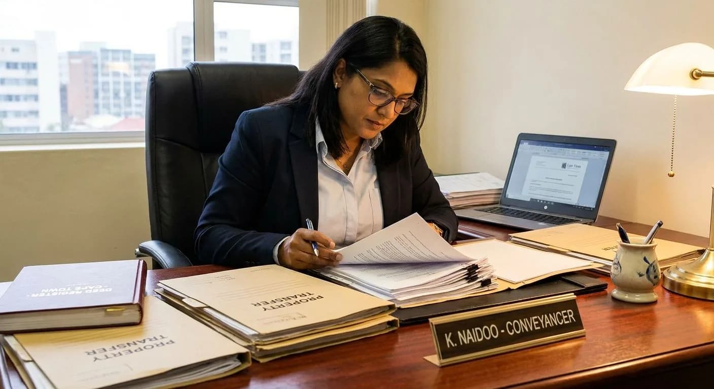 A South African conveyancer reviewing property transfer documents at a professional desk after bond approval, property files and legal papers spread out, warm office light