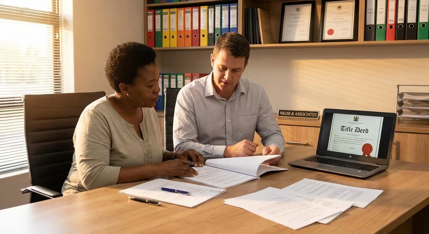 A South African homeowner and conveyancing attorney reviewing property registration documents together at a professional office desk, warm afternoon light
