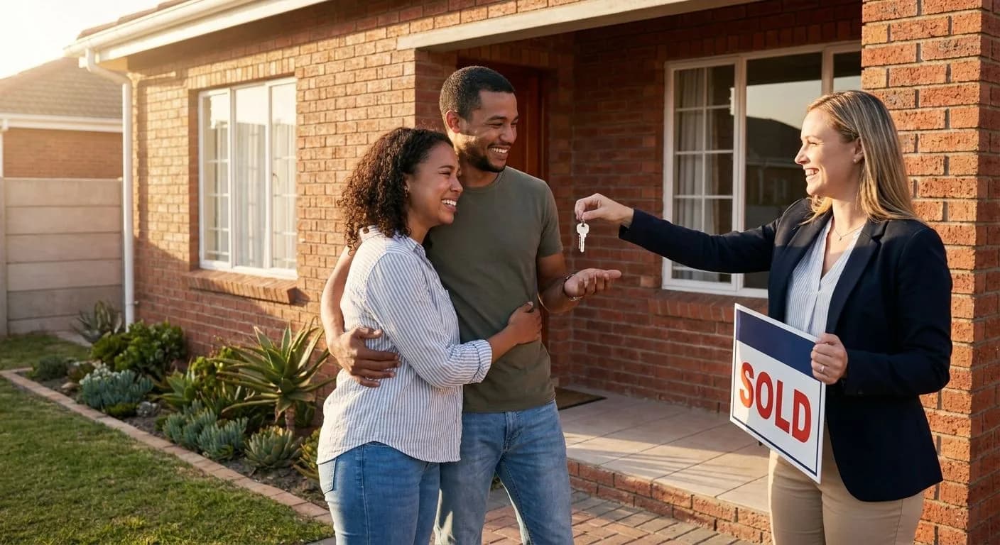 A South African couple receiving the keys to their new home from an estate agent on the front stoep, neat facebrick suburban exterior, golden afternoon light, joyful expressions