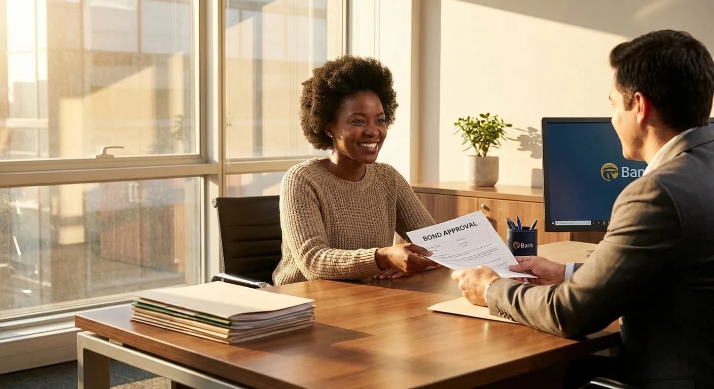 A South African buyer receiving a bond approval letter from a bank representative across a professional bank desk, warm afternoon light, relieved expression