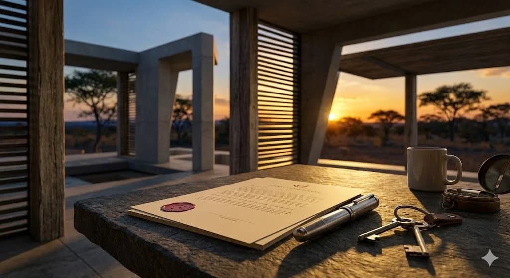 A close-up photograph set at golden hour within a contemporary open-air boma made of stone and weathered wood. Intense, horizontal sunlight illuminates a textured dark stone table. A formal legal document with a prominent red wax seal is positioned alongside a heavy, polished silver fountain pen and a simple leather key ring holding two modern keys. The warm, vibrant lighting and the structured composition symbolize the successful resolution and 'cleared air' following the 7-day cure period. The soft focus background shows the warm glow of dusk over the savannah.