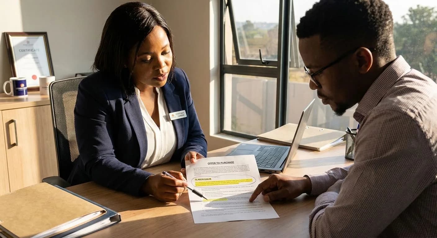 A South African estate agent and home seller reviewing a conditional offer to purchase at a professional office desk, warm afternoon light