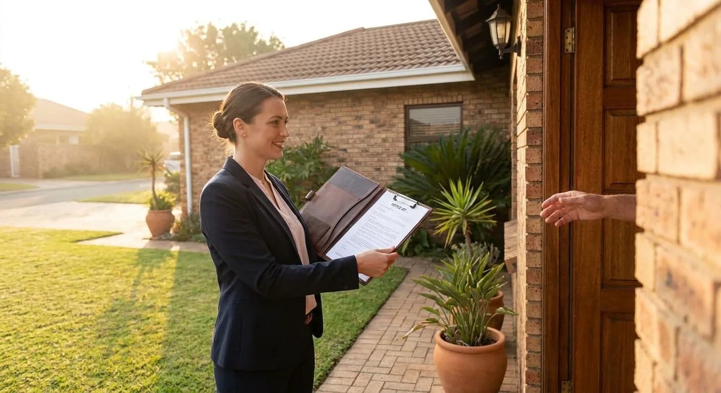 A South African estate agent delivering formal written notice to a property buyer at the front door of a neat suburban home, golden morning light