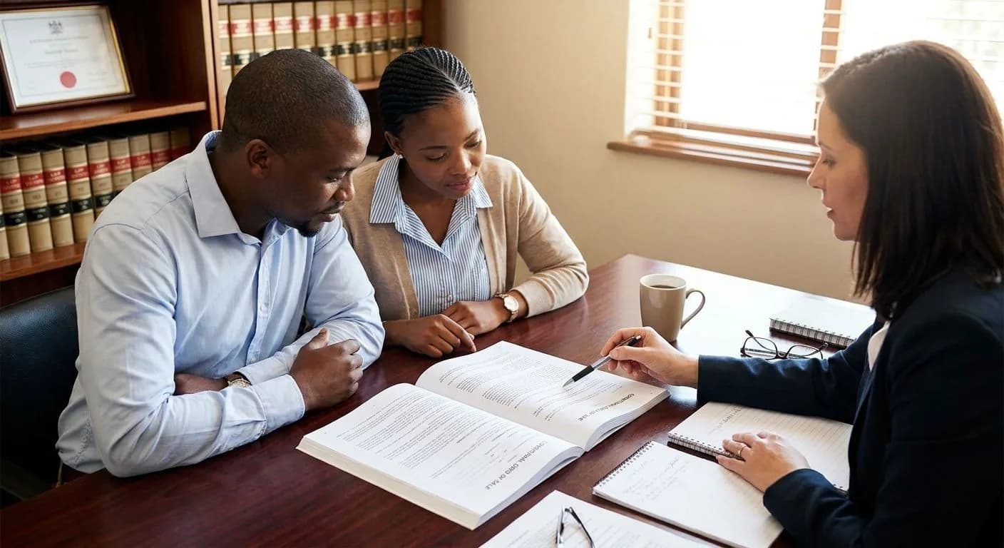 A South African couple in discussion with a conveyancing attorney at a polished office desk, reviewing a conditional property sale document, warm professional lighting