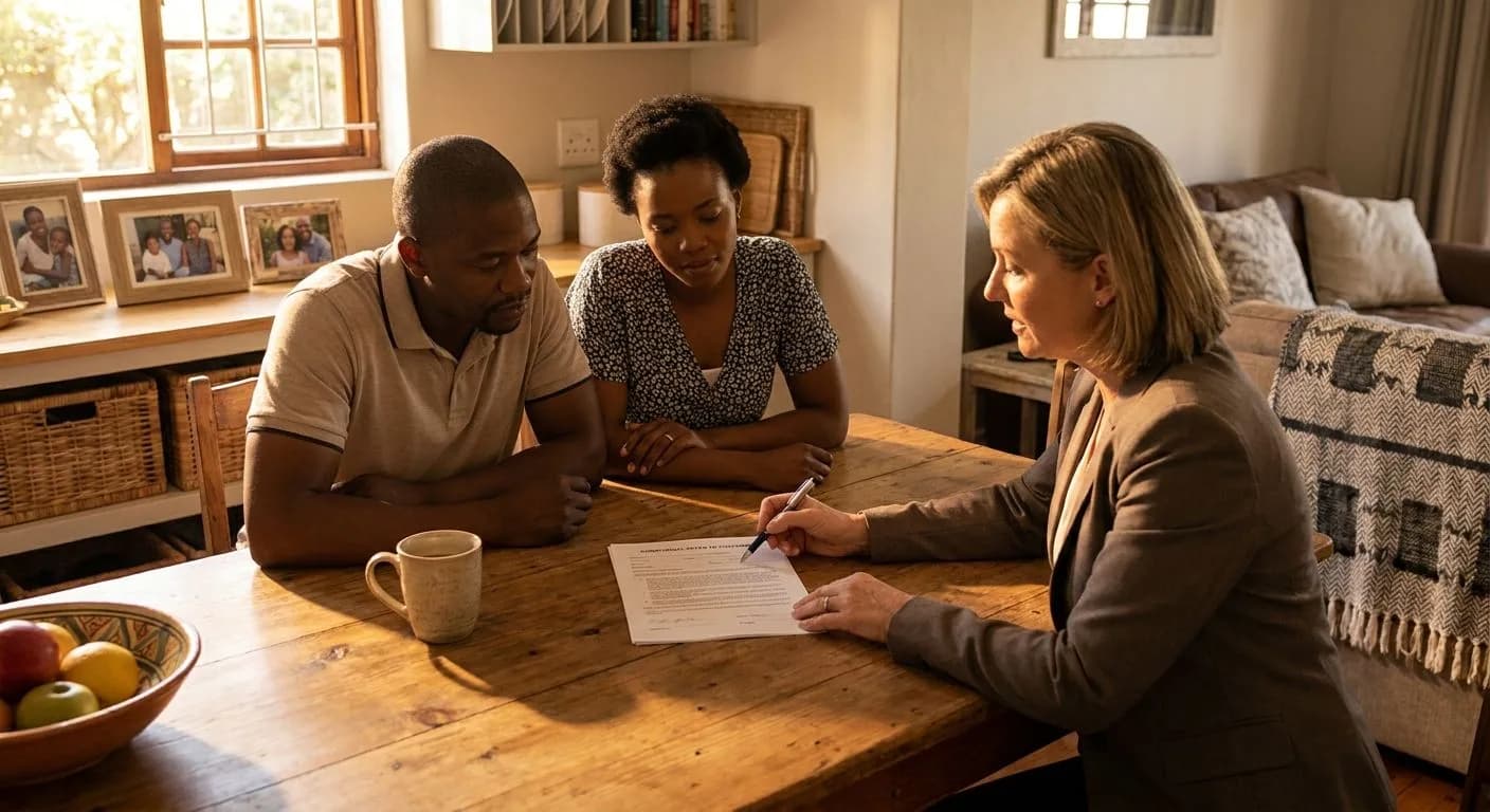 A South African couple consulting their estate agent about a conditional offer to purchase at a kitchen table, OTP document between them, warm domestic interior, golden afternoon light