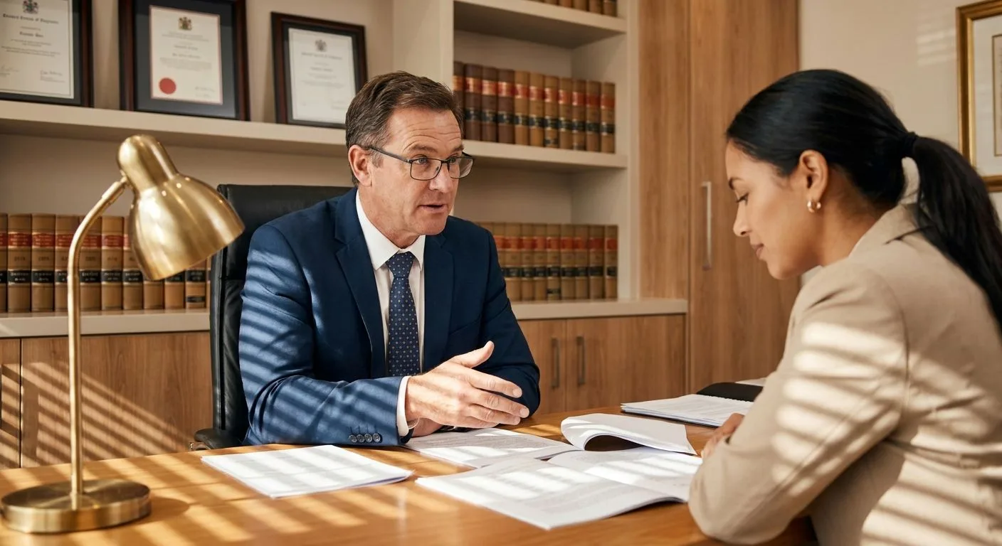 A South African conveyancing attorney explaining property transfer documents to a client in a warm wood-panelled office with law books and afternoon sunlight