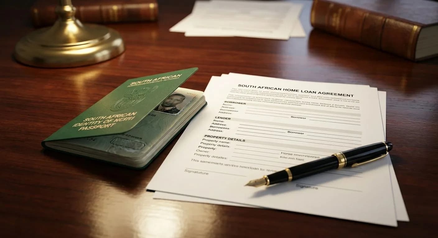 A South African home loan agreement, green ID book, and fountain pen on a polished attorney's wooden desk under warm desk lamp light